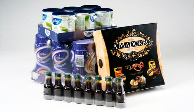 food and drinks products shrinkwrapped for protection, shipping and presentation purposes