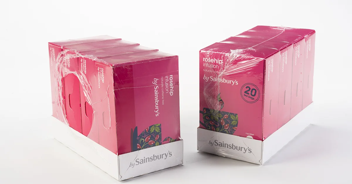 tea cartons shrink wrapped using semi automatic sleeve wrapping machine