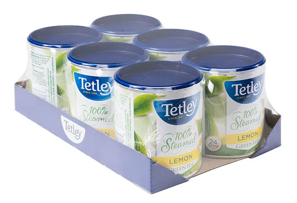 tray of shrink wrapped tea cartons